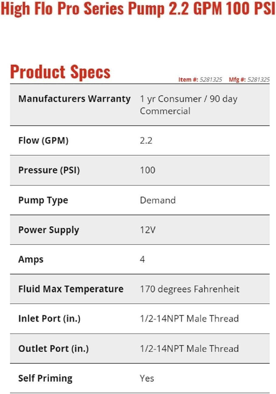 Fimco High-Flo 5281325 HFP-2.2 Pro Series 12 Volt, 2.2 GPM, 100 PSI Diaphragm On-Demand Sprayer Pump