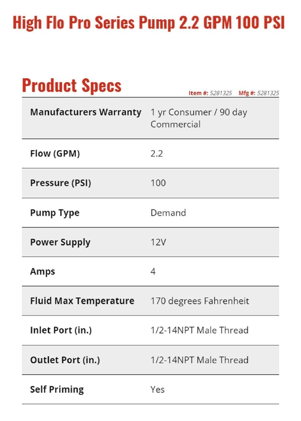 Fimco High-Flo 5281325 HFP-2.2 Pro Series 12 Volt, 2.2 GPM, 100 PSI Diaphragm On-Demand Sprayer Pump