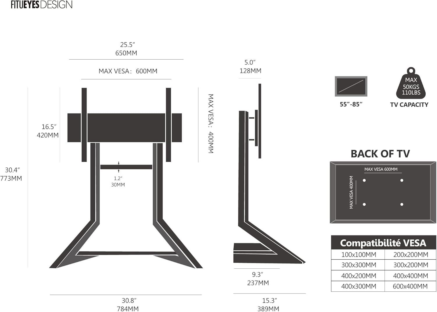 FITUEYES Design Universal Tabletop TV Stand for 55-86 inch TV LCD LED, Modern TV Stand Height Adjustable with Wooden Base, Eiffel Series TV Mount Stand
