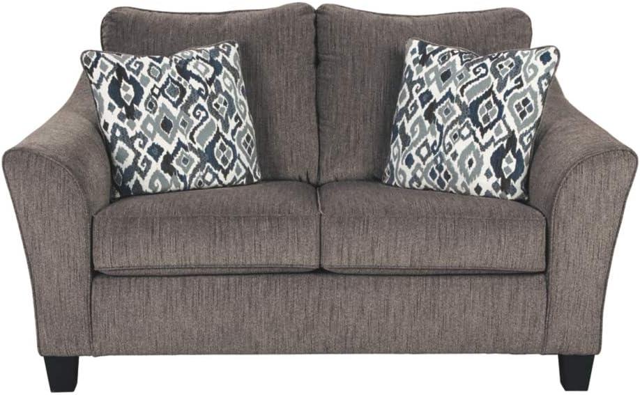 Slate Gray Microfiber Loveseat with Flared Arms and Pillows