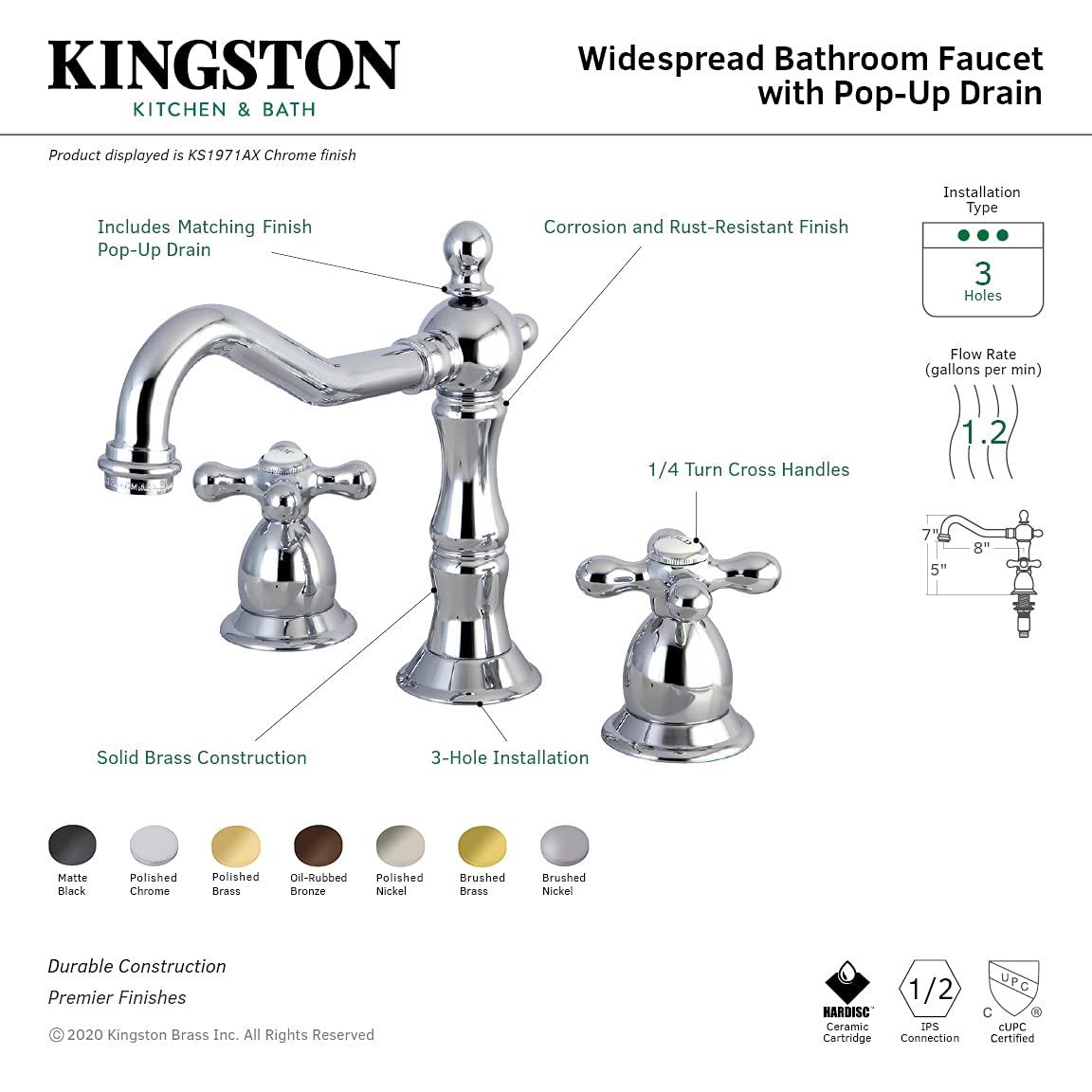 Kingston Brass Heritage Two-Handle 3-Hole Deck Mount Widespread Bathroom Faucet with Brass Pop-Up Drain