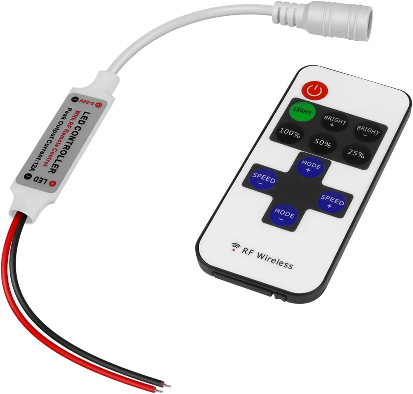 RF Mini Wireless Remote Controller for Single Color 3528 5050 LED Strip Lights, Wireless Remote Control with White DC Connector, RF Dimmer for 12V DC LED Ribbon, Shelf Lights