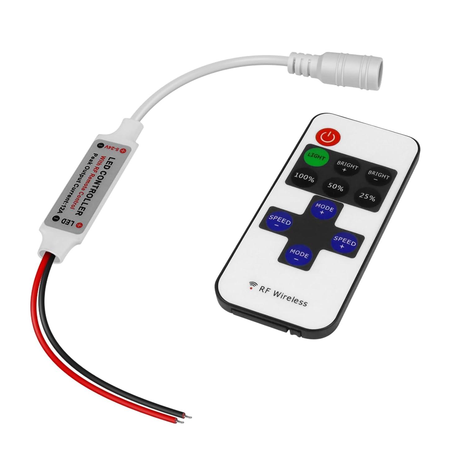 RF Mini Wireless Remote Controller for Single Color 3528 5050 LED Strip Lights, Wireless Remote Control with White DC Connector, RF Dimmer for 12V DC LED Ribbon, Shelf Lights