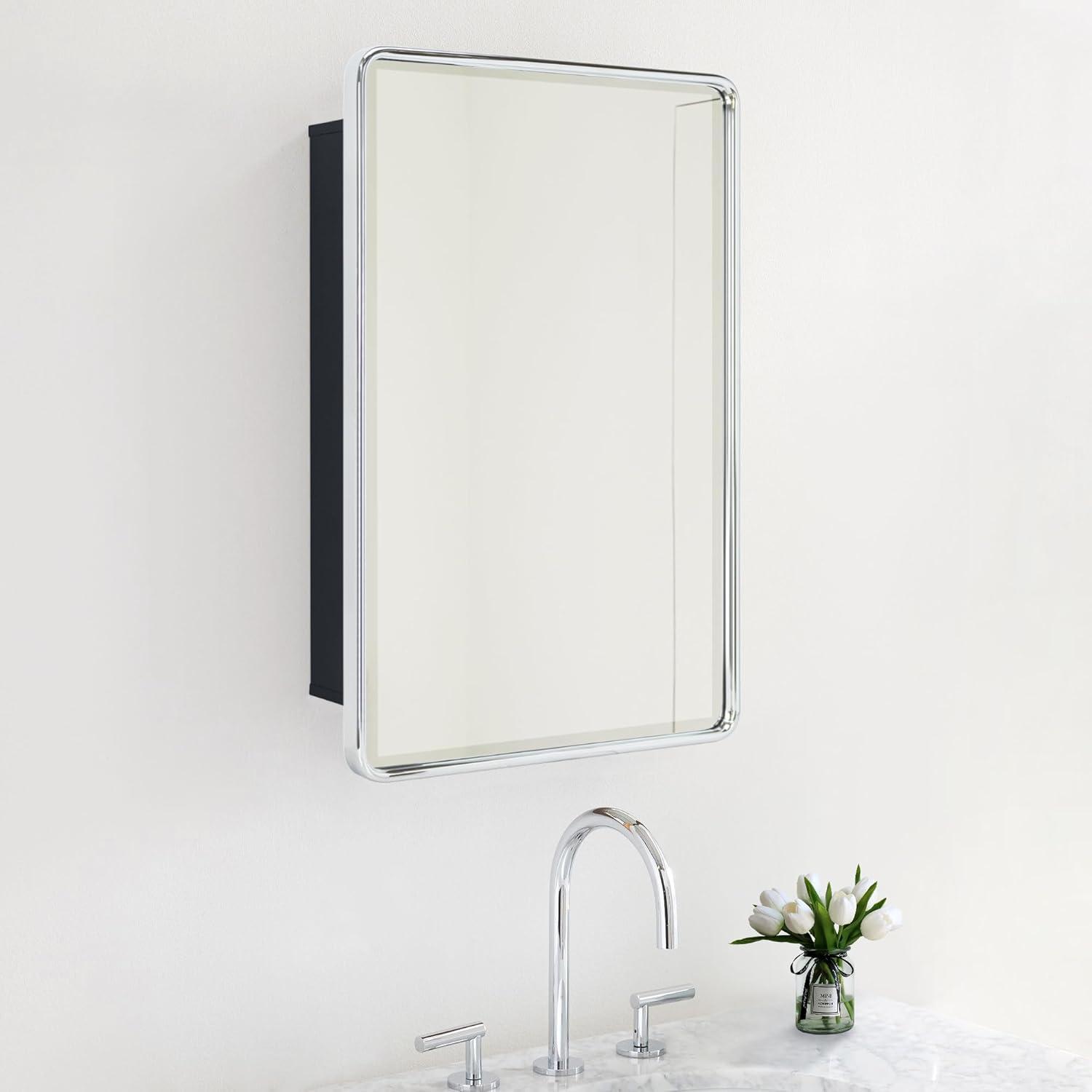 Polished Nickel Rectangular Metal Framed Bathroom Medicine Cabinet with Mirror