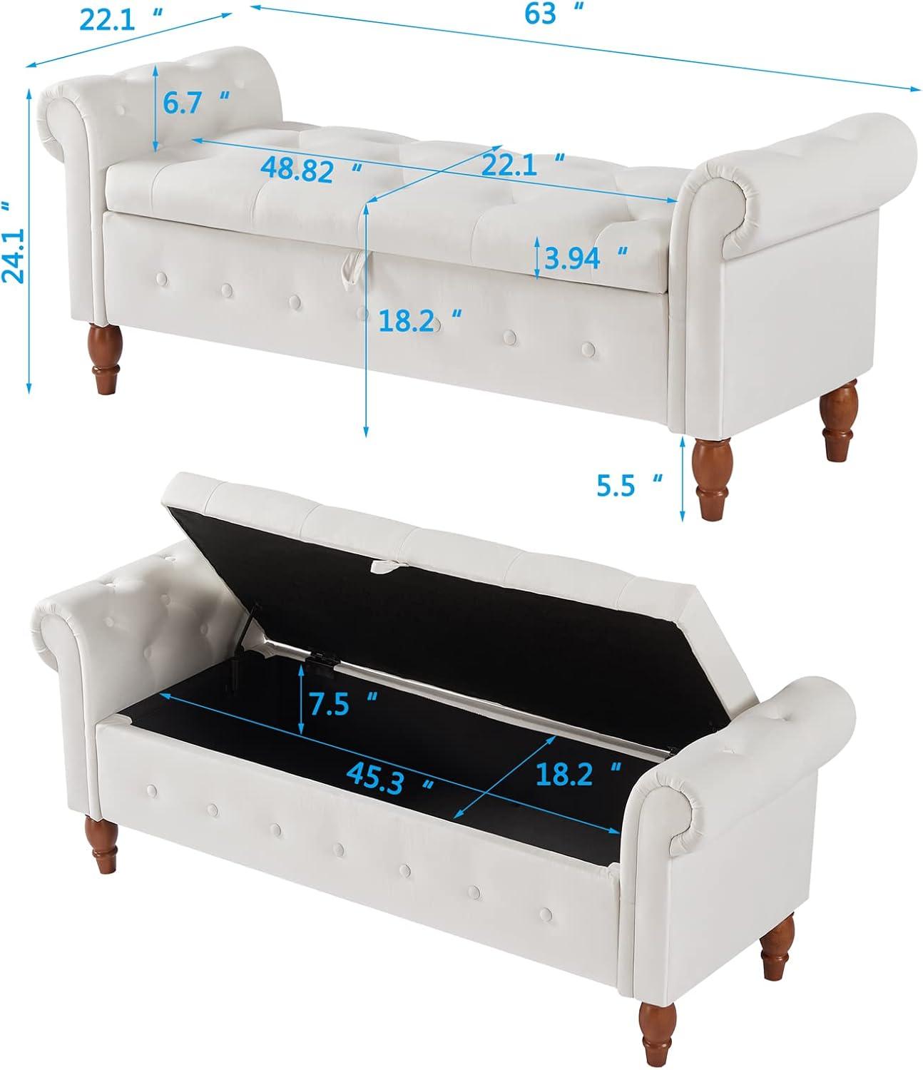 Aoowow 63" Storage Bench for Bedroom End of Bed Rolled Armed Velvet Fabric Ottoman Couch Long Bench Window Sitting Fireplace Toy Storage Bench,Beige