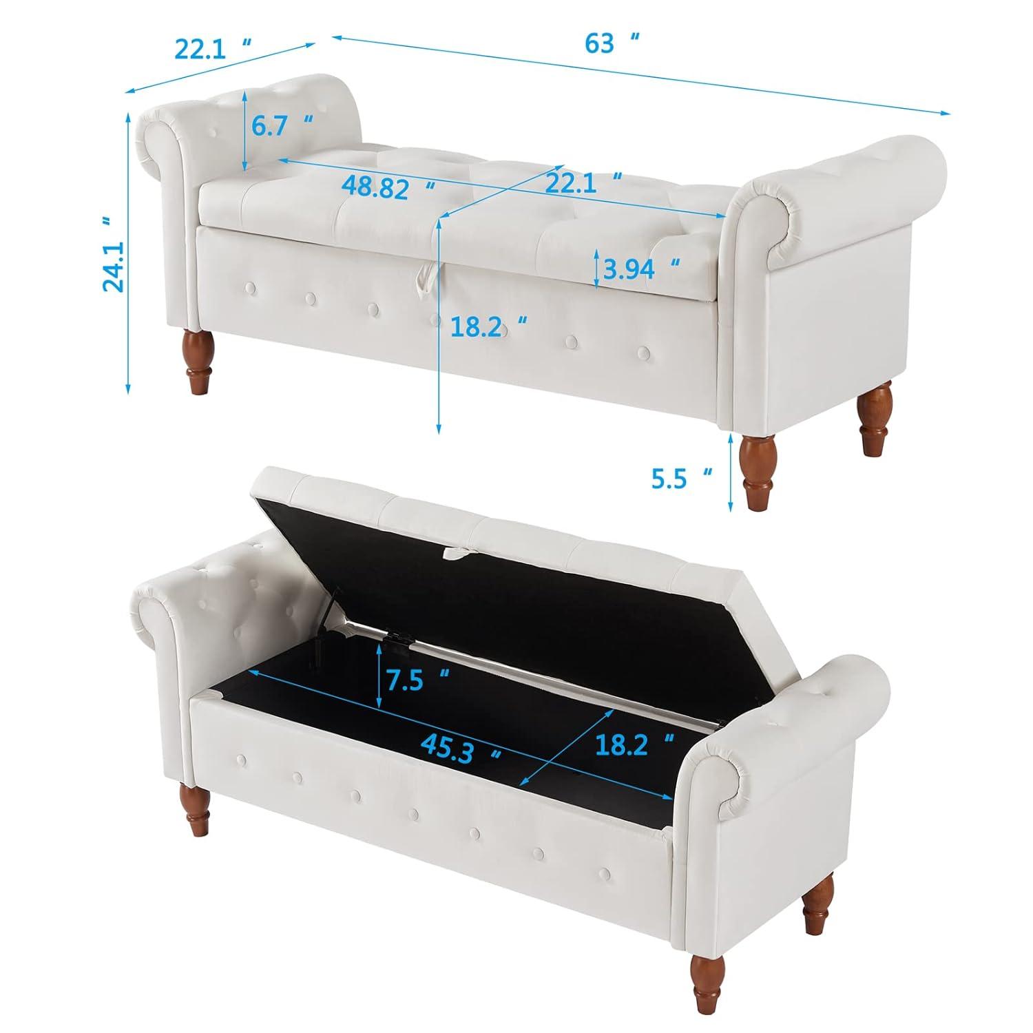 Aoowow 63" Storage Bench for Bedroom End of Bed Rolled Armed Velvet Fabric Ottoman Couch Long Bench Window Sitting Fireplace Toy Storage Bench,Beige
