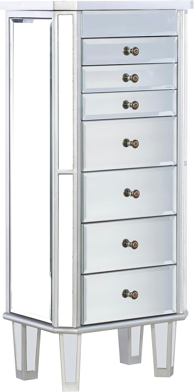 Linon Mason Mirrored 7 Drawer Flip Top Side Storage Jewelry Armoire in Silver