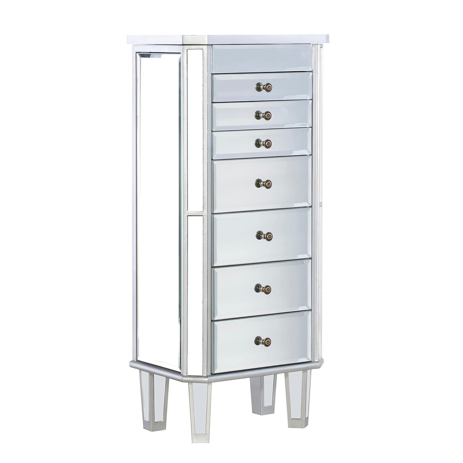 Linon Mason Mirrored 7 Drawer Flip Top Side Storage Jewelry Armoire in Silver