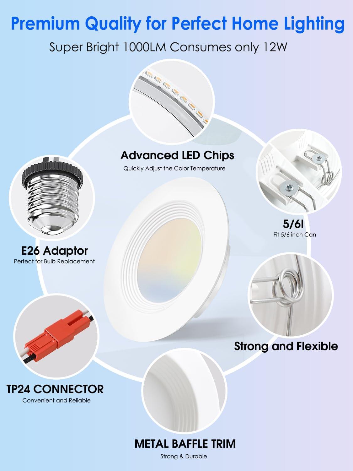 12 Pack 5/6 Inch 5CCT LED Recessed Lighting Retrofit, 2700K/3000K/4000K/5000K/6500K Selectable, Dimmable Can Lights with Baffle Trim, 12W=150W, High Brightness 1000LM, IC& Wet Rated, ETL&FCC Certified