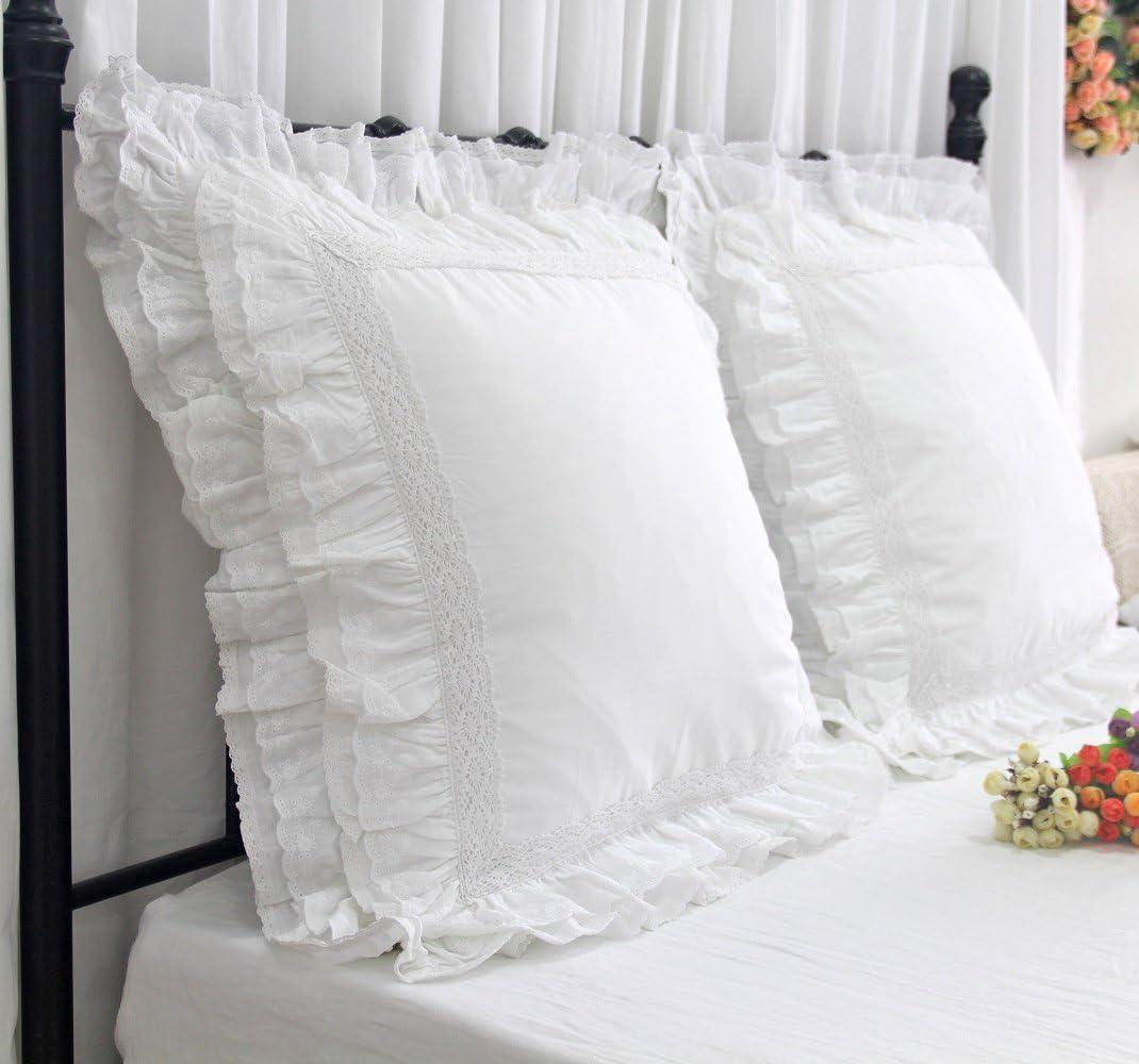 Lemfux Cotton Euro Shams with White Lace Ruffles, 26 x26 Inch, Set of 2,Rustic Farmhouse Lace Shabby Soft Breathable Bridal Pure White European, White Decorative Pillow Covers