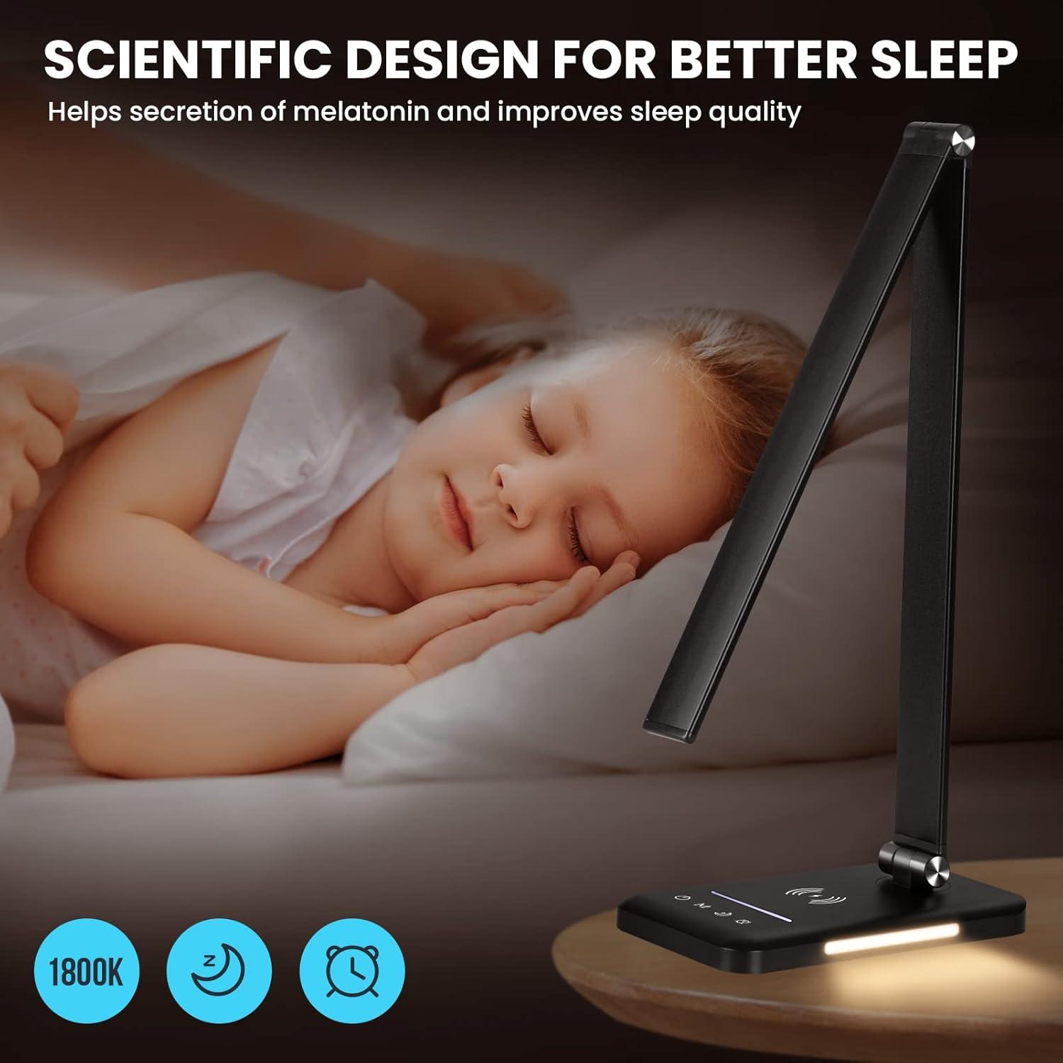 LED Desk Lamp with Wireless Charger, USB Charging Port, Desk Lighting with 5 Brightness Level,5 Lighting Modes, Dimmable Eye-Caring Reading Desk Light for Home, Office Lights,Touch Control,Auto Timer