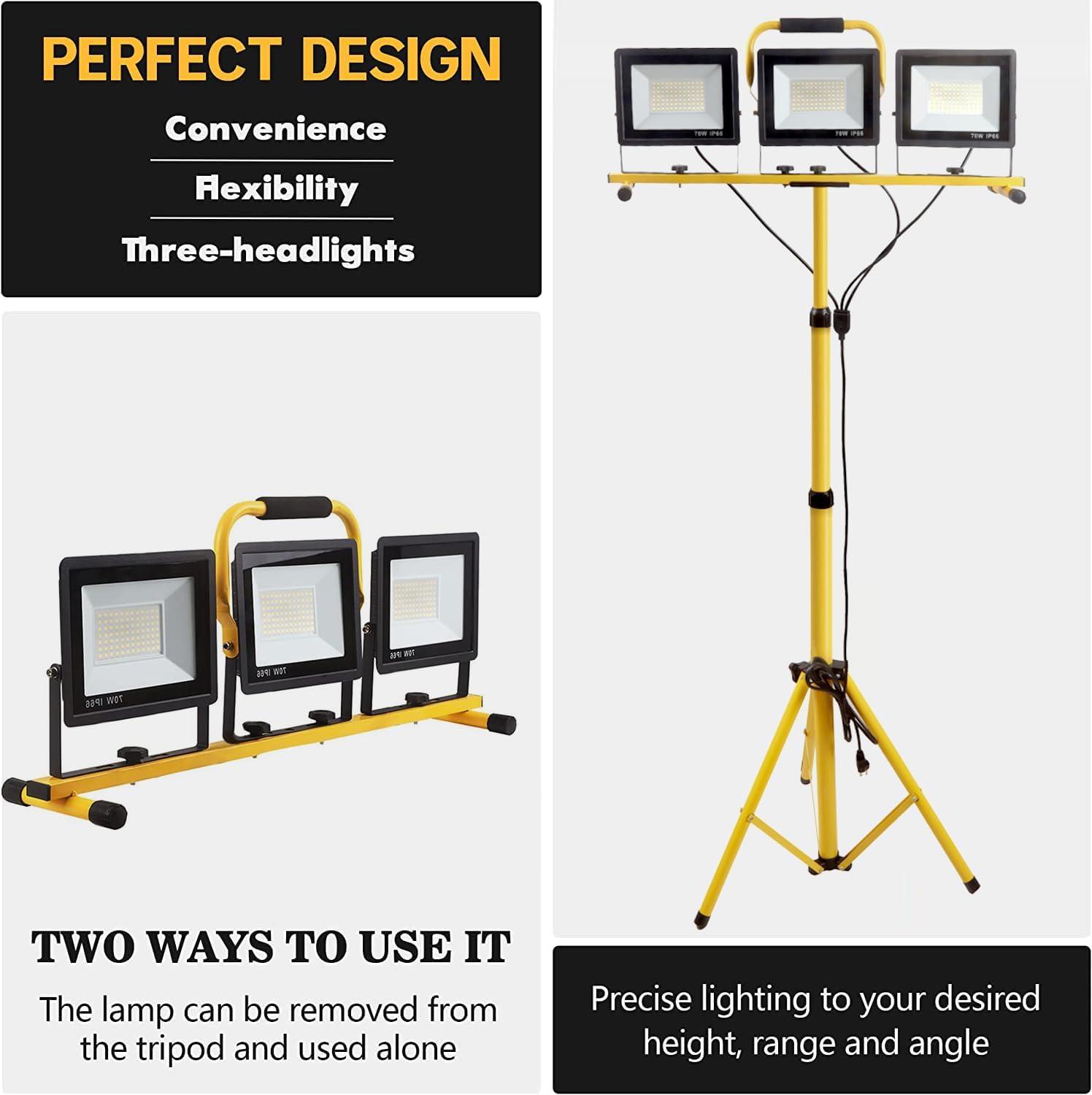 21000 Lumen Work Lights with Stand，3 Adjustable Head LED Work Light, with Adjustable and Foldable Tripod Stand, Waterproof Lamp with Individual Switch with 6500 Kelvin Color Temperature