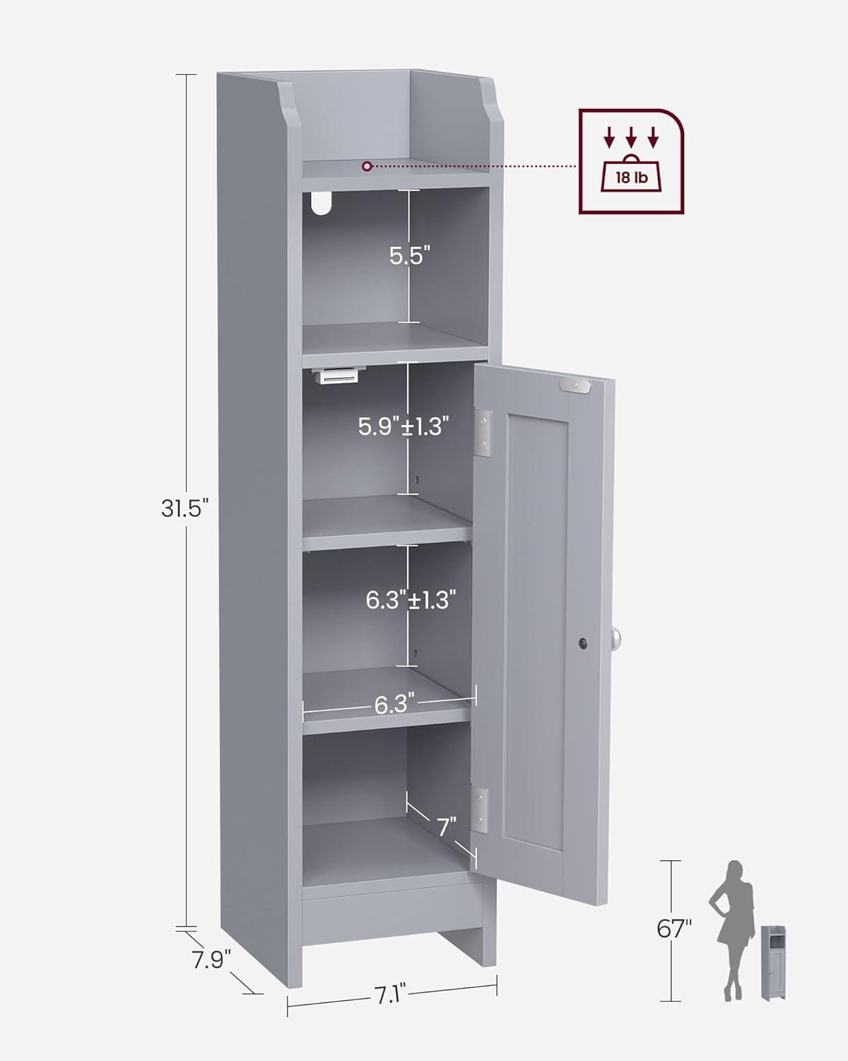 Mystic Gray MDF Narrow Bathroom Storage Cabinet with Adjustable Shelves