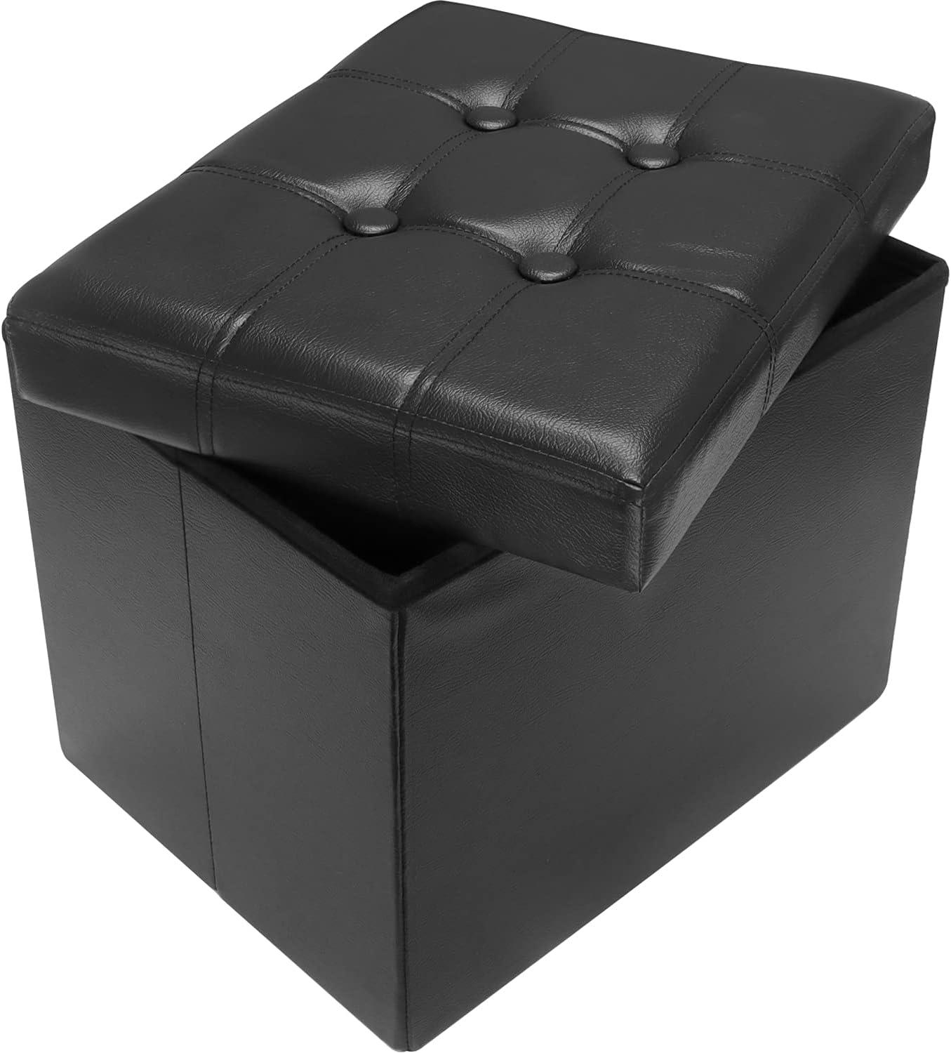 Black Faux Leather Folding Storage Ottoman Footstool