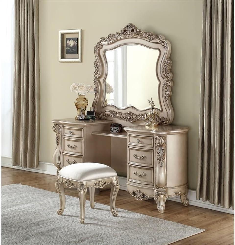 Golden Ivory 6-Drawer Wooden Vanity Desk with Mirror