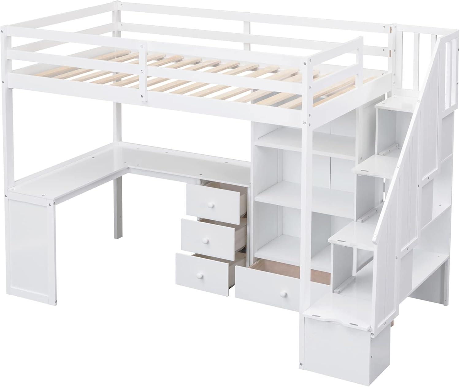 Bellemave Twin Size Loft Bed with Desk and Stairs Wood Loft Beds with Storage Cabinet and Bookcase High Loft Bed Frame with Staircase Shelves for Kids, Teen, Boys, Girls, White