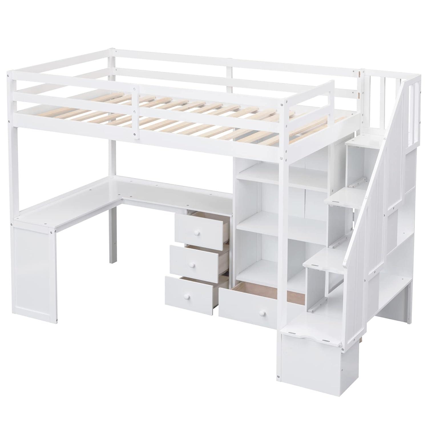 Bellemave Twin Size Loft Bed with Desk and Stairs Wood Loft Beds with Storage Cabinet and Bookcase High Loft Bed Frame with Staircase Shelves for Kids, Teen, Boys, Girls, White