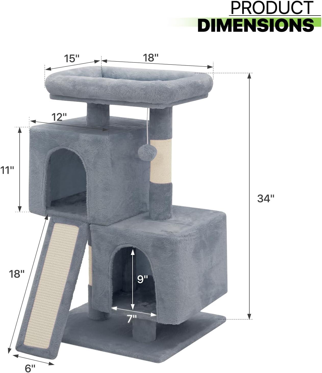 Magshion 34-in Cat Tree & Kittens Play House, Double Level Plush Cat Condo for Indoor Cats, Light Gray