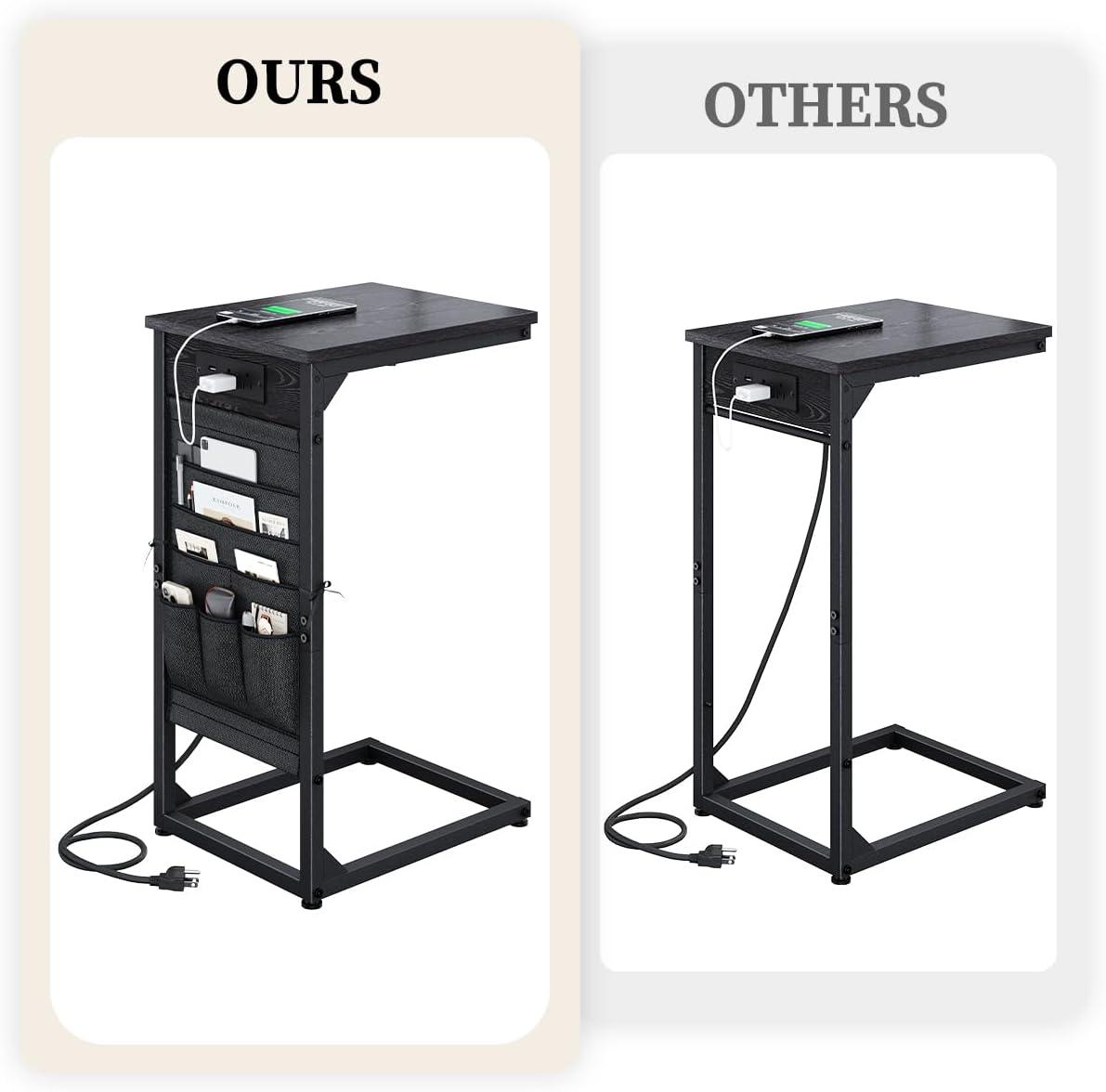 Black Metal C-Shaped End Tables with Charging Station