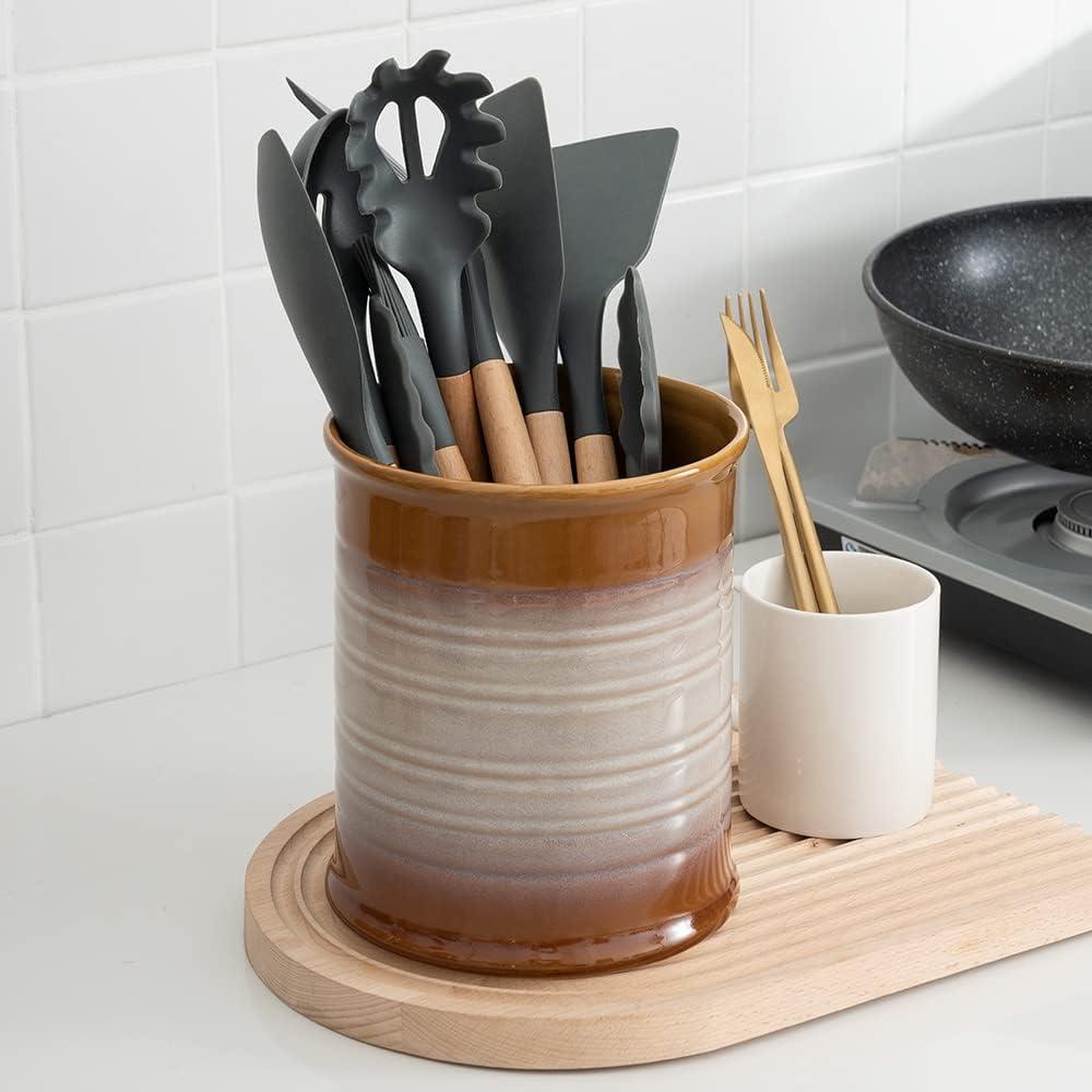 Brown and Beige Ceramic Cylinder Utensil Holder