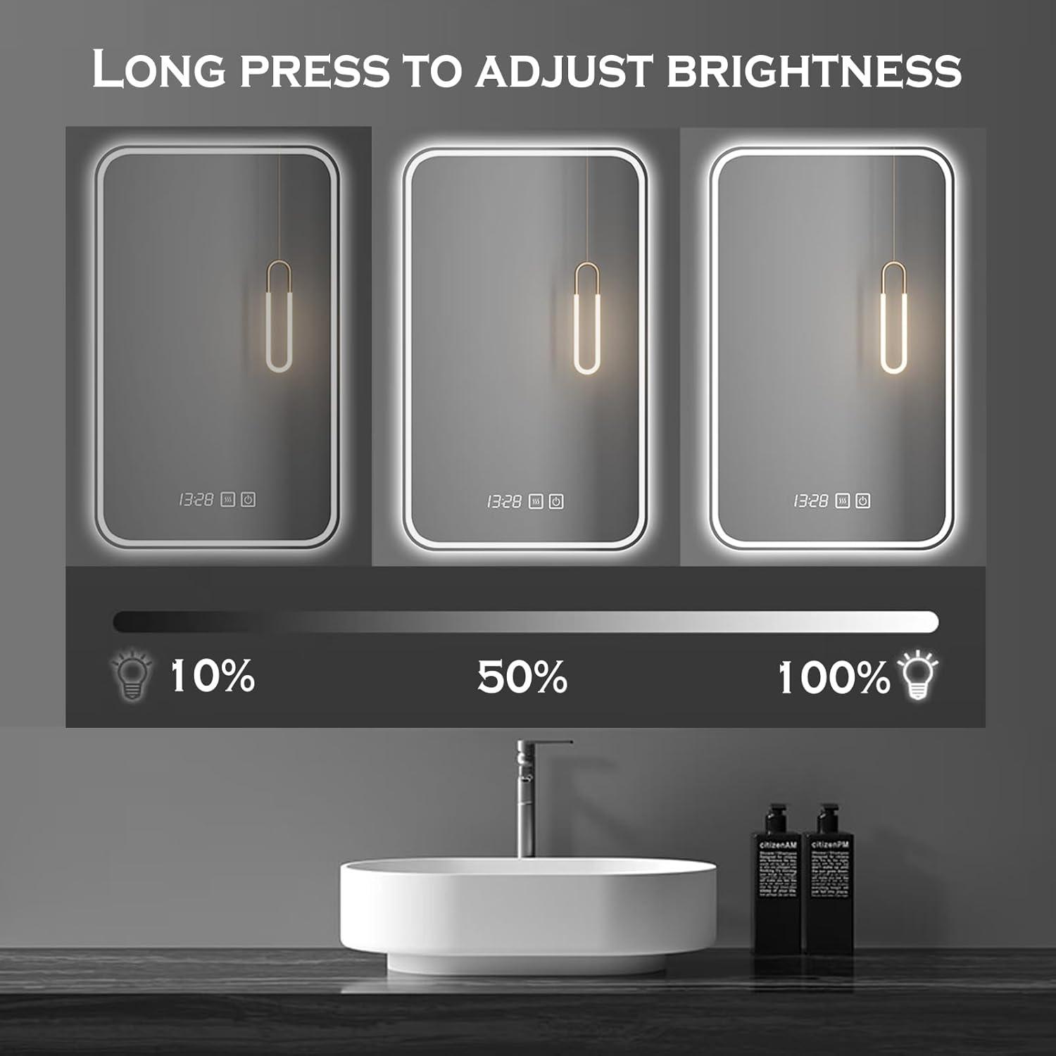 Led Bathroom Mirror Smart Mirror with Anti-Fog, Adjustable 3 Color3 Light, Wall Mounted Anti Fog Lighted Smart Vanity Mirror with Time & Temperature Display (20''x28'')