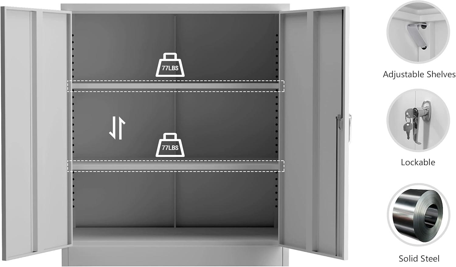 AOBABO 2 Door Durable Locking Metal Storage Cabinet Organizer with 2 Adjustable Shelves and 2 Keys for Garages and Offices