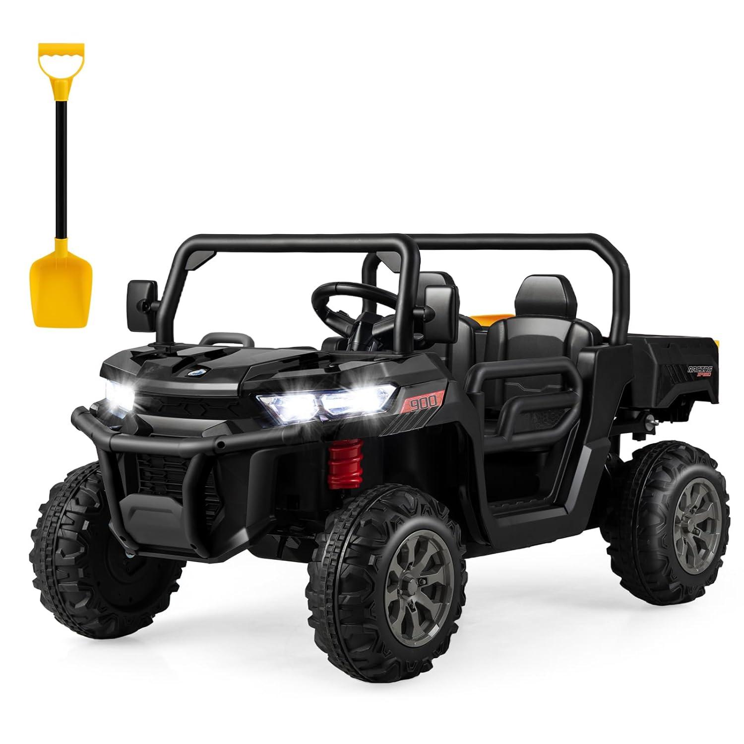 JOYRACER 24V 2 Seater Ride On Dump Truck with Remote Control , Electric UTV Car with Electric Dump Bed, 4WD Power Ride Cars W/6 Wheels Ride On Toys with Shovel Music Player