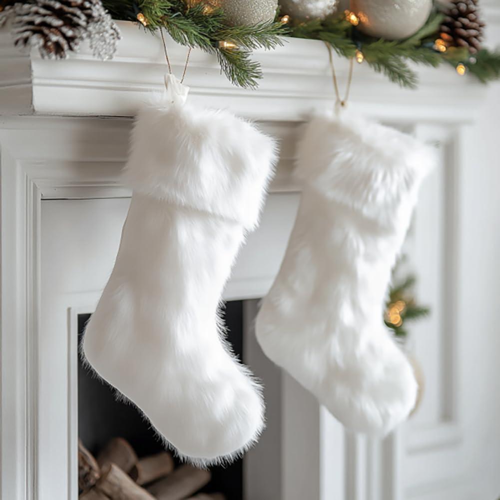 Snowy White Faux Fur Christmas Stockings with Cable Knit, 18 Inch, Set of 3