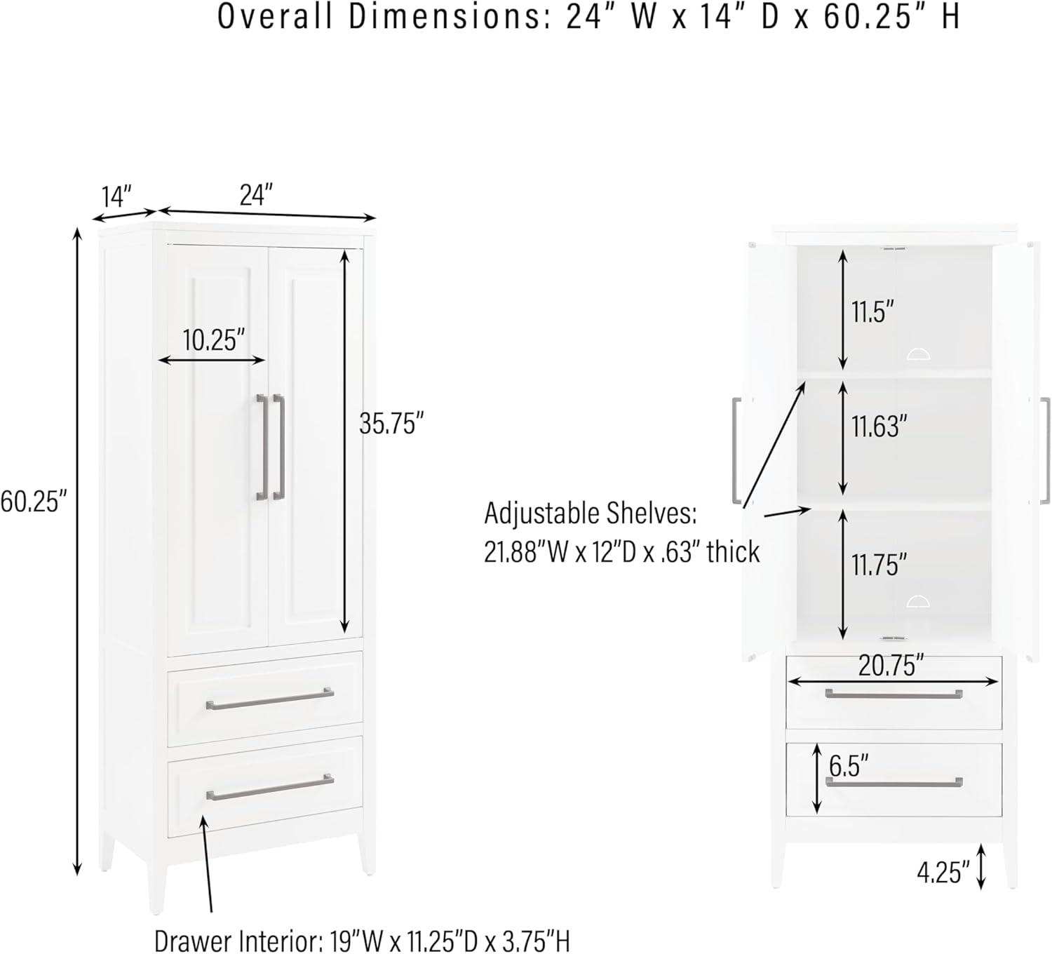 Crosley Genevieve Storage Pantry White: Modern Farmhouse Design, 2 Doors, 2 Drawers, Adjustable Shelves