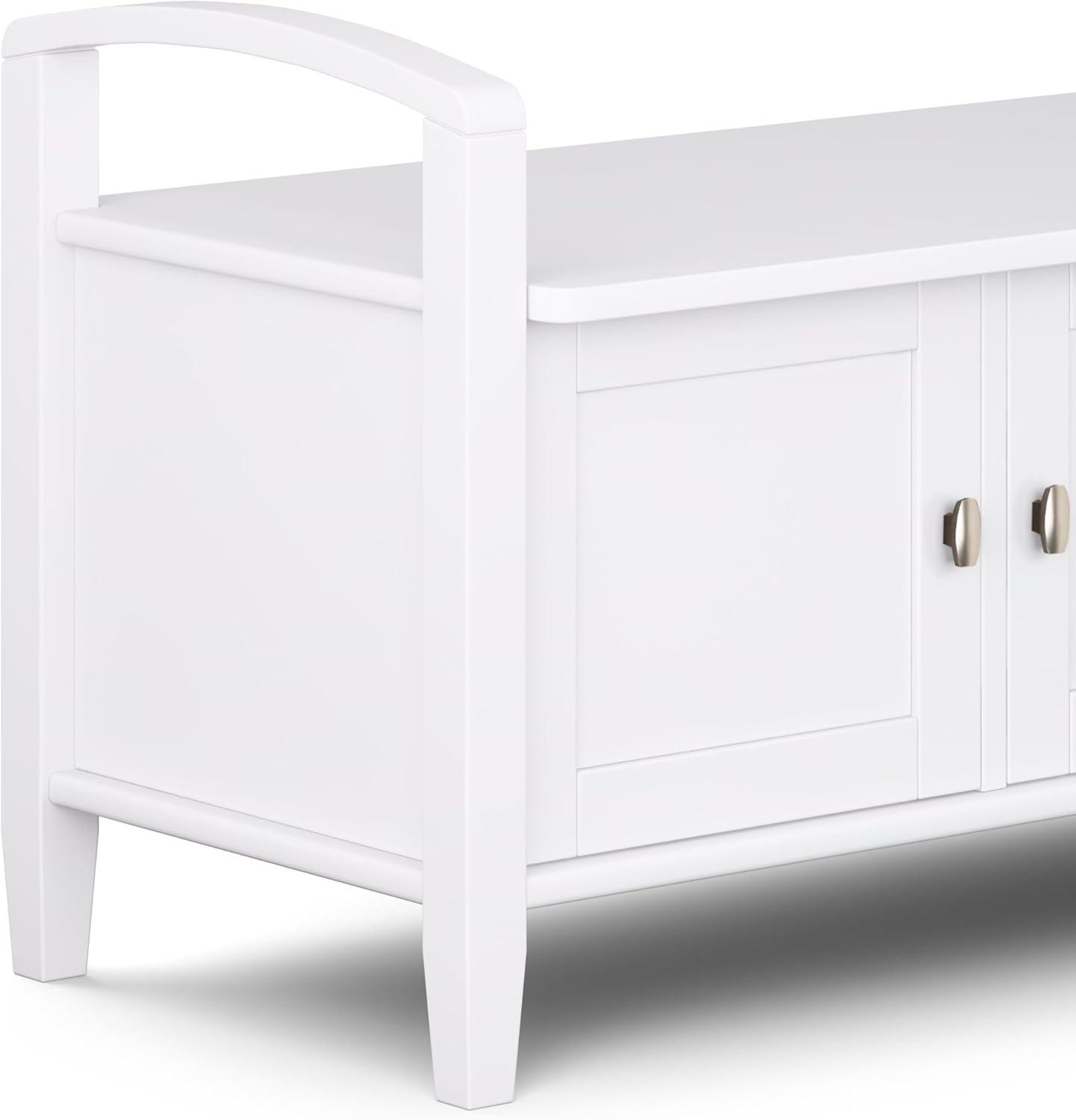 Simpli Home Warm Shaker 44"W Solid Wood Entryway Storage Bench with 3 Cabinets, Shaker-Style Doors and Interior Shelves