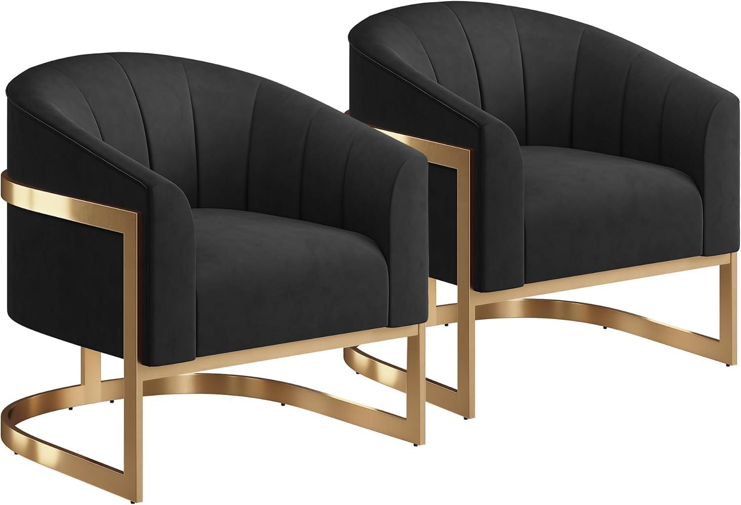 BELLEZE Upholstered Accent Chair, Modern Velvet Barrel Chair Comfy Lounge Room Chair Arm Chair with Gold Stainless Base for Living Room Bedroom [Set of 2] - Alfred (Black)