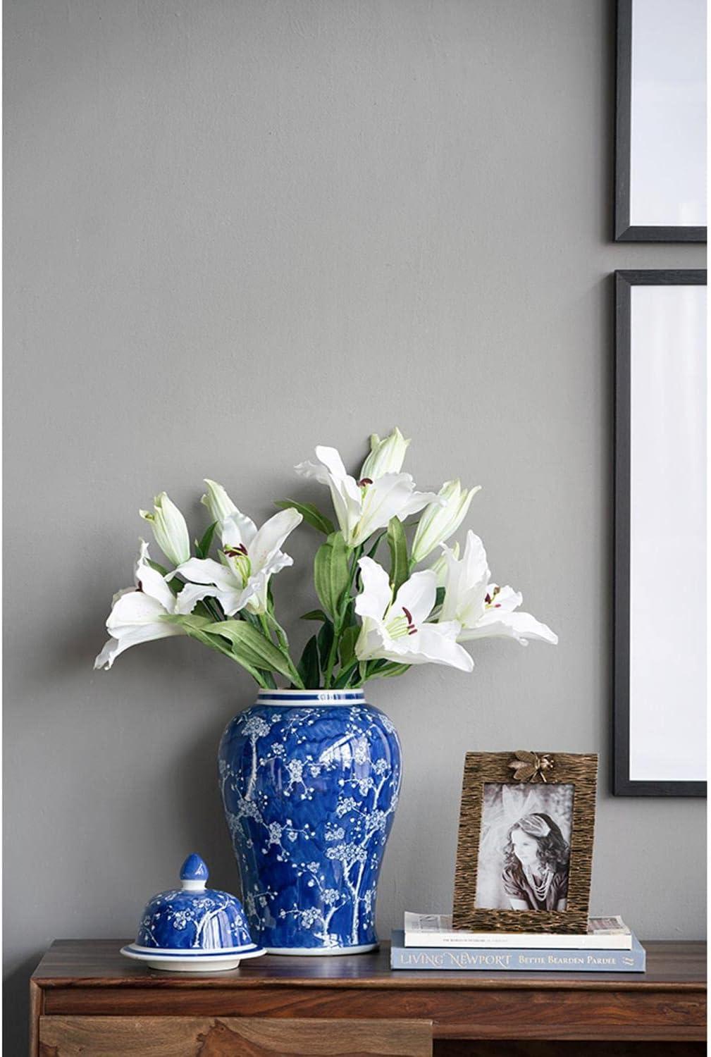 Blue and White Porcelain Ginger Jar with Lid, 18"