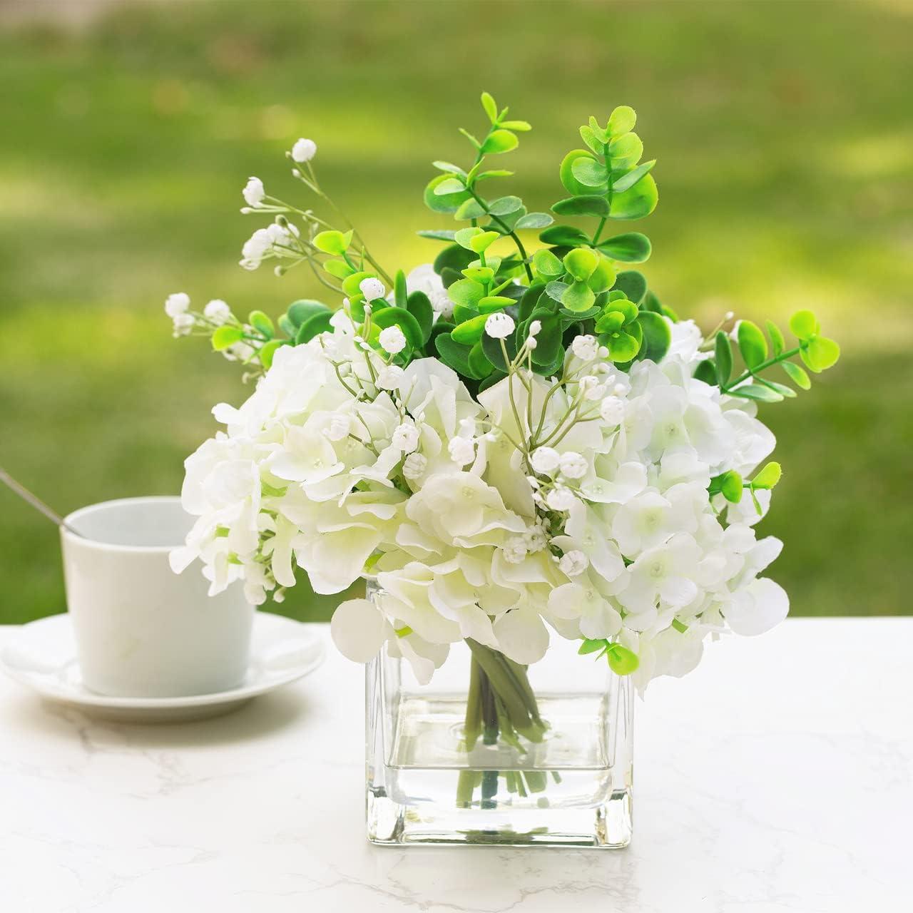 ENOVA FLORAL Faux Hydrangea Flowers with Vase, Mixed Fake Hydrangea Flowers and Greenery in Vase with Faux Water for Dining Table Decoration, Wedding Centerpieces