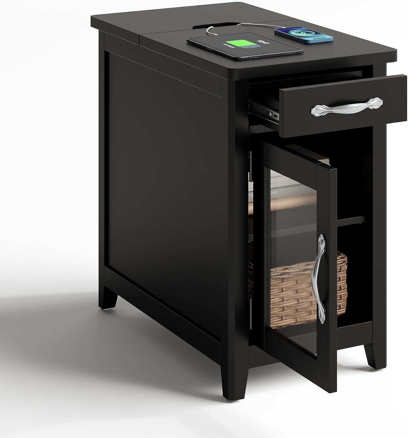 Black Wood End Table with Glass Door and Charging Station