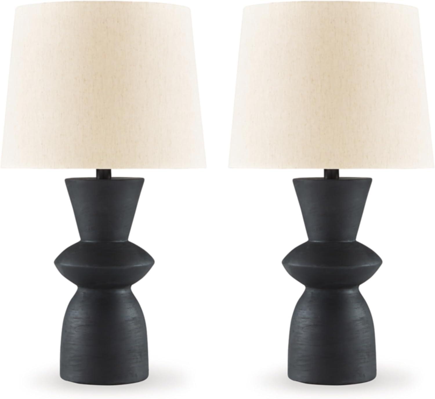 Distressed Black Paper Composite Table Lamp Set with Fabric Shade