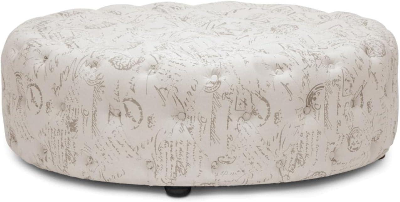 Cardiff Script Print Modern Tufted Ottoman - Baxton Studio: Circular, Linen Upholstery, Wood Legs