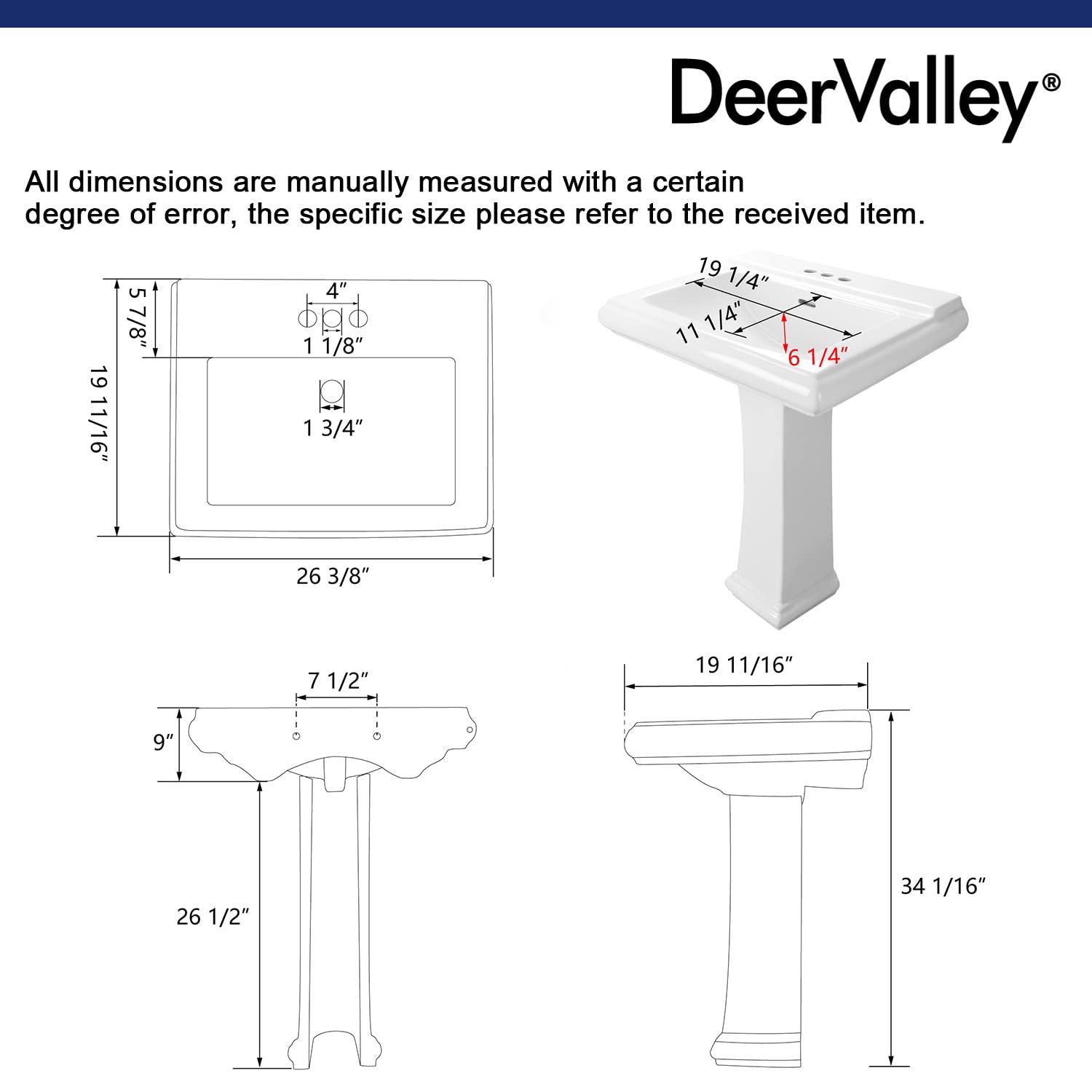 DeerValley Apex 34" Tall Rectangular Vitreous China Pedestal Bathroom Sink with Overflow DV-1P521