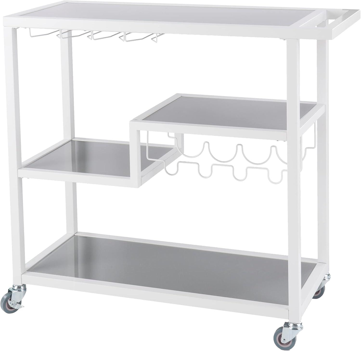 Zephs Contemporary White Bar Cart with Wine Rack and Glass Storage