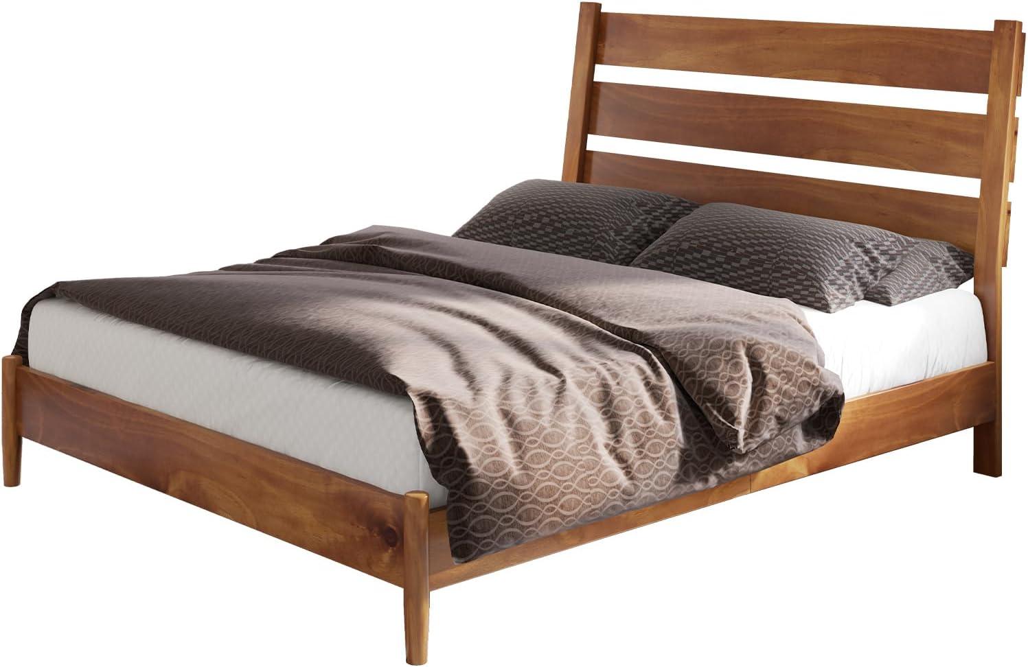 Solid Wood Bed Frame with Reclining Slatted Headboard