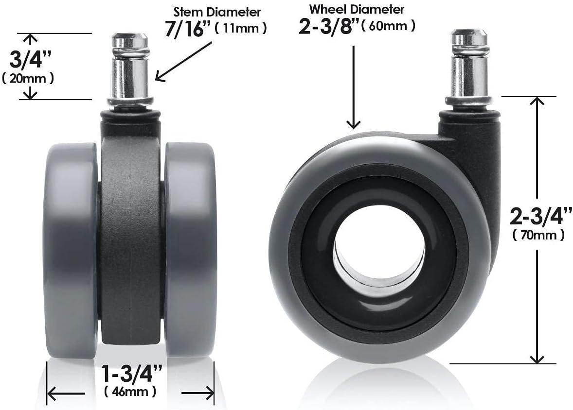 Dual Bearing Rubber Office Chair Caster Wheels, 2-3/8” Twin Rollers