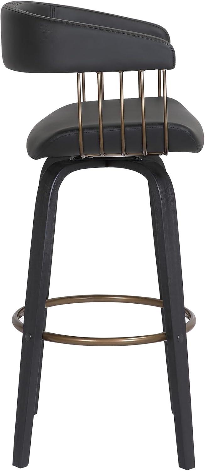 Topanga 26" Swivel Black Wood Counter Stool in Black Faux Leather with Golden Bronze Metal