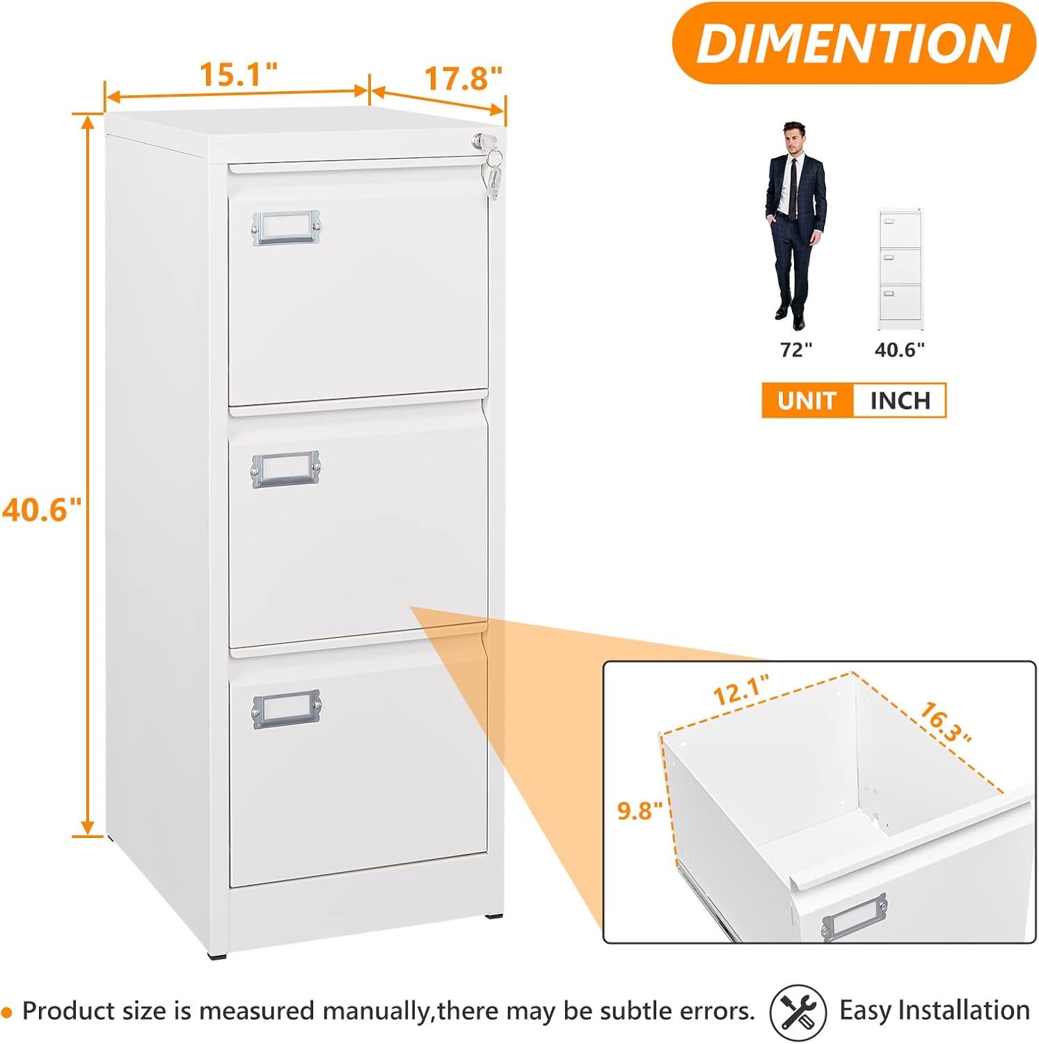 3 Drawers Vertical File Cabinets - 17.8" Deep Lockable Filing Cabinet - White Metal Storage Cabinets for Home Office to Hanging Files Letter/Legal/F4/A4 Size