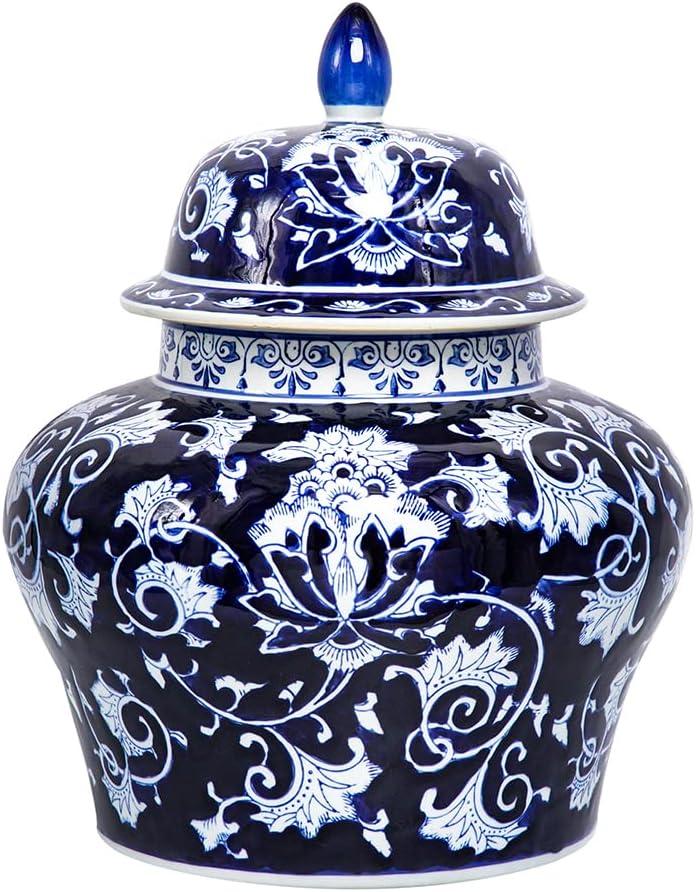 Blue and White Floral Porcelain Ginger Jar with Lid, 17 Inch