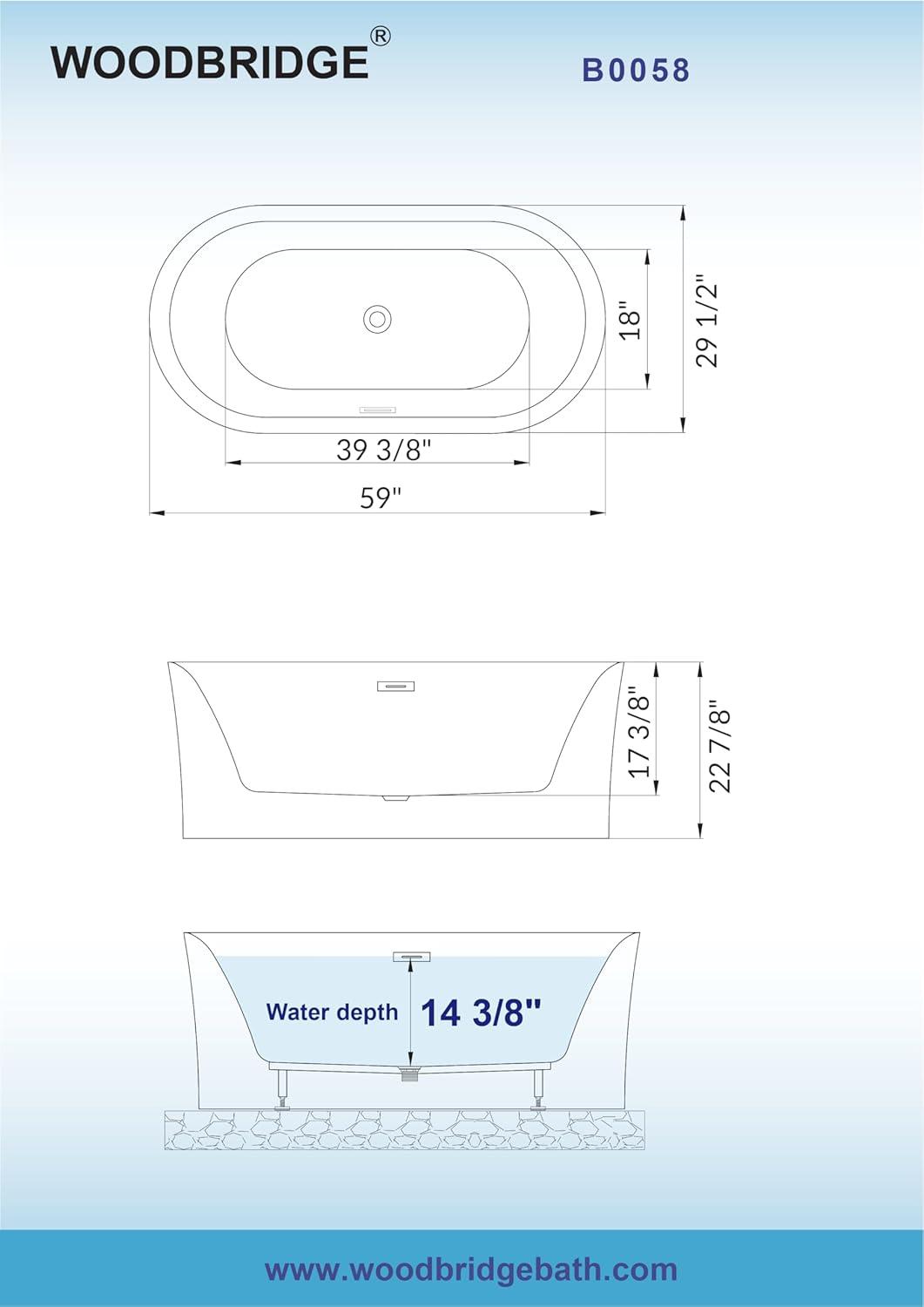 59" White Acrylic Freestanding Oval Bathtub with Matte Black Overflow