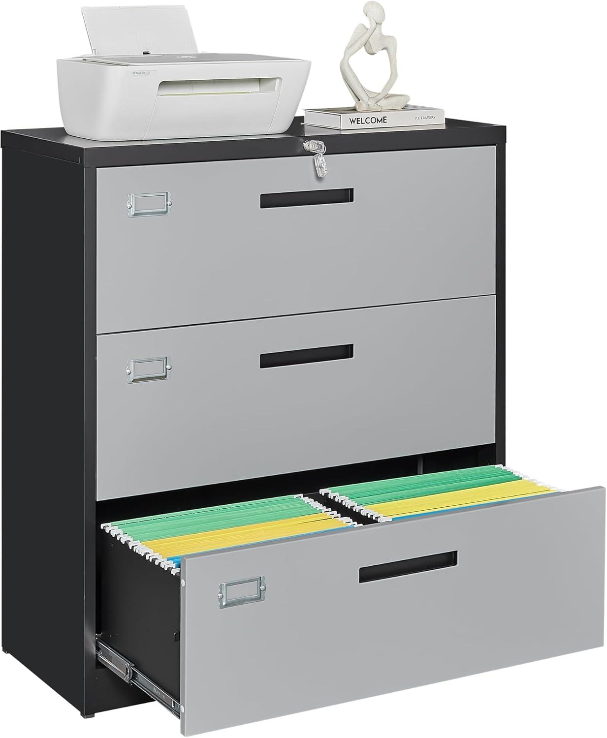 Letaya File Cabinet with Lock-Lateral 3 Drawer Metal Filing Cabinets-Organization Storage for Home Office-Hanging Letter/Legal/F4/A4 Size (Grey Black)