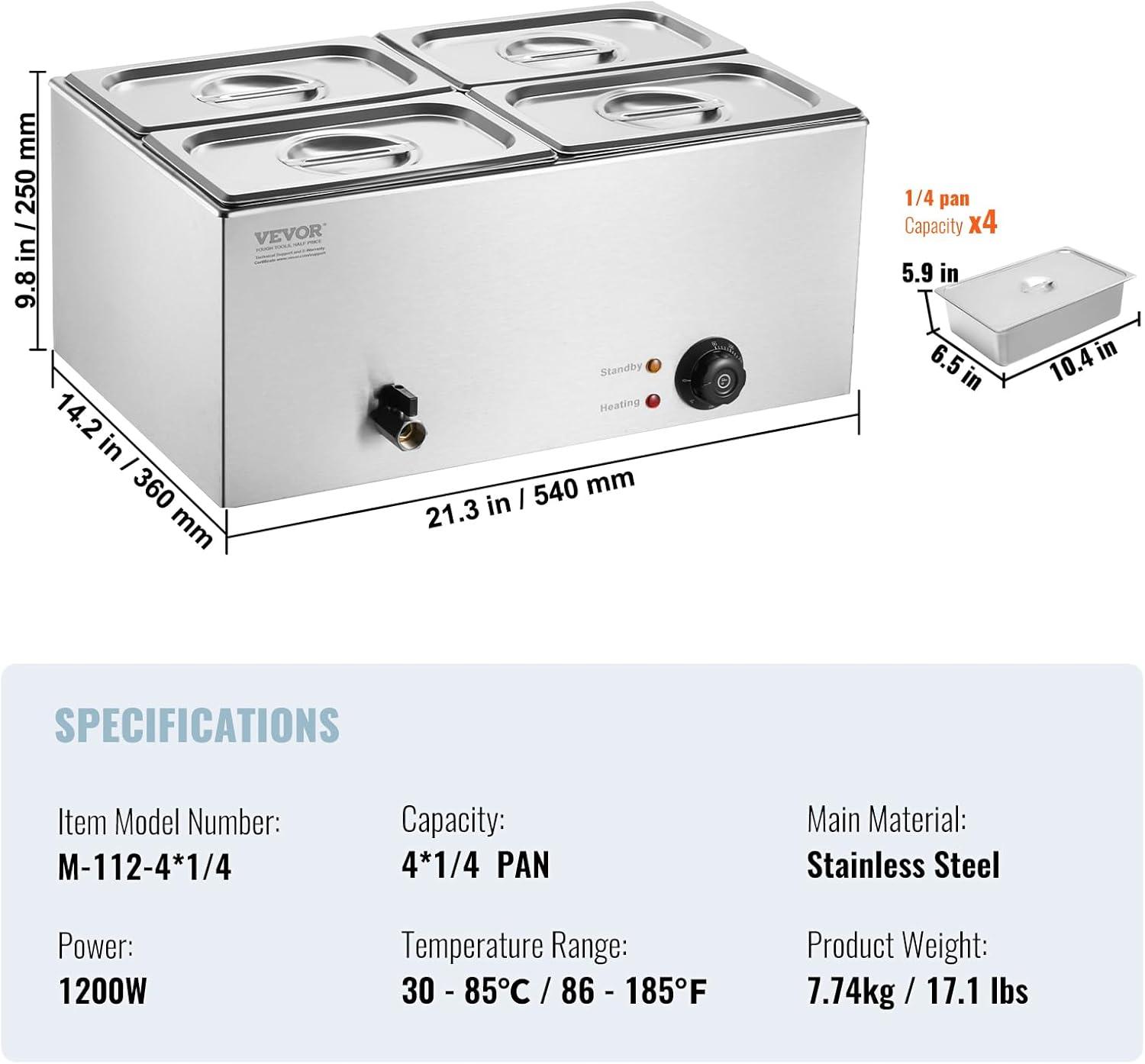 VEVOR Commercial Electric Food Warmer 4-Pan Countertop Buffet 15.9QT Bain Marie