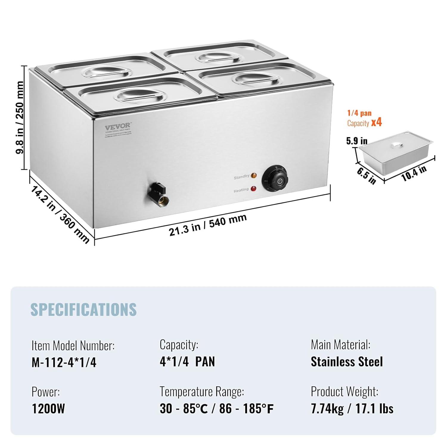 VEVOR Commercial Electric Food Warmer 4-Pan Countertop Buffet 15.9QT Bain Marie