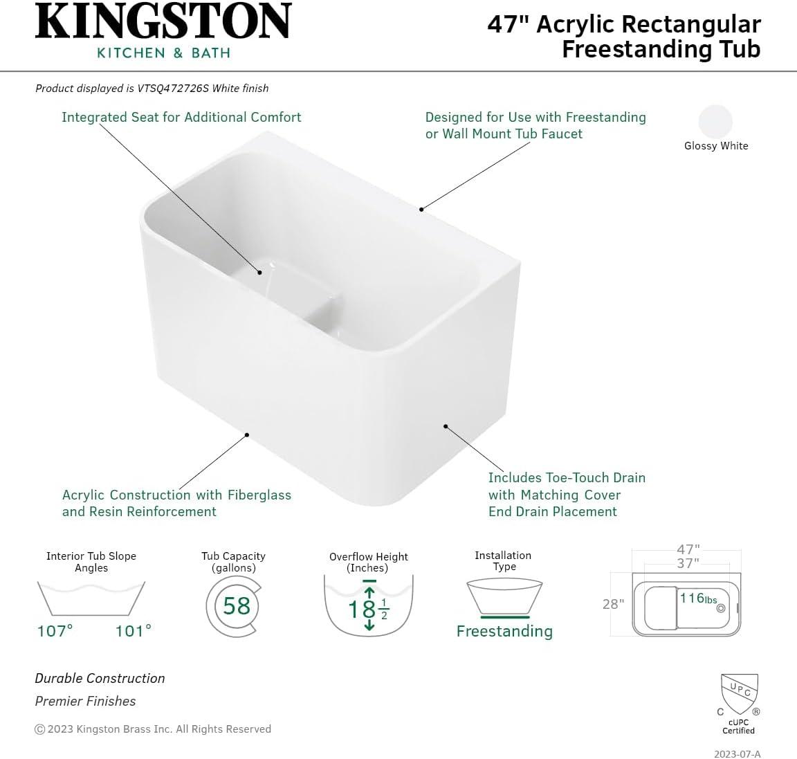 Kingston Brass Aqua Eden 47-Inch Acrylic Rectangular Double Ended Freestanding Tub with Drain and Integrated Seat