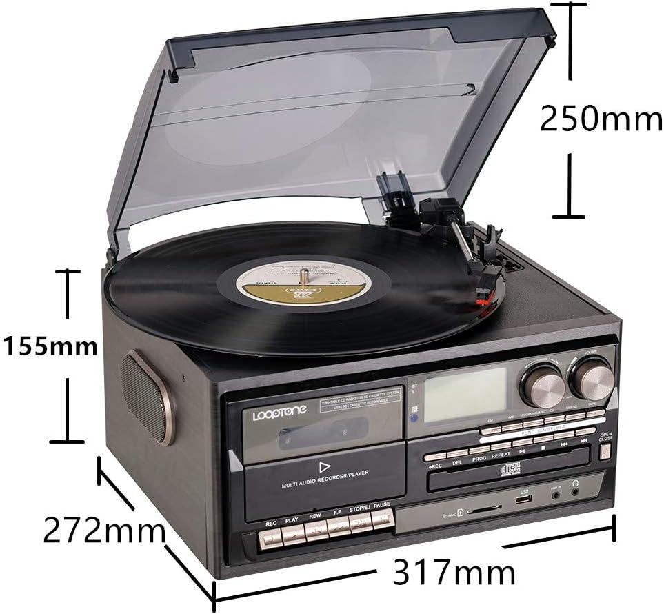 Record Player 9 in 1 3 Speed Bluetooth Vintage Turntable CD Cassette Vinyl Player AM/FM Radio USB/SD Encoding Aux-in RCA Line-Out (Silver)