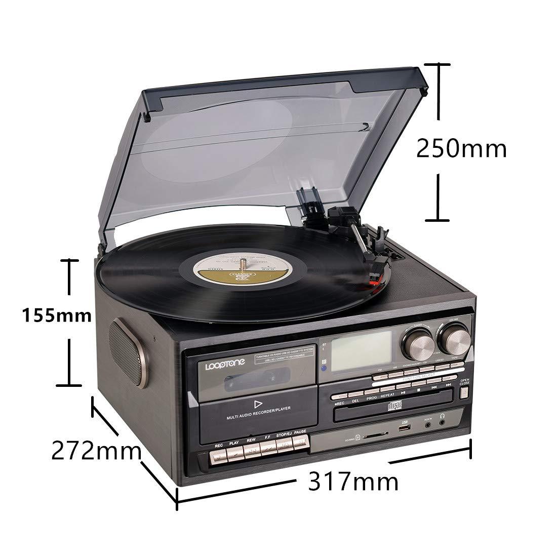 Record Player 9 in 1 3 Speed Bluetooth Vintage Turntable CD Cassette Vinyl Player AM/FM Radio USB/SD Encoding Aux-in RCA Line-Out (Silver)